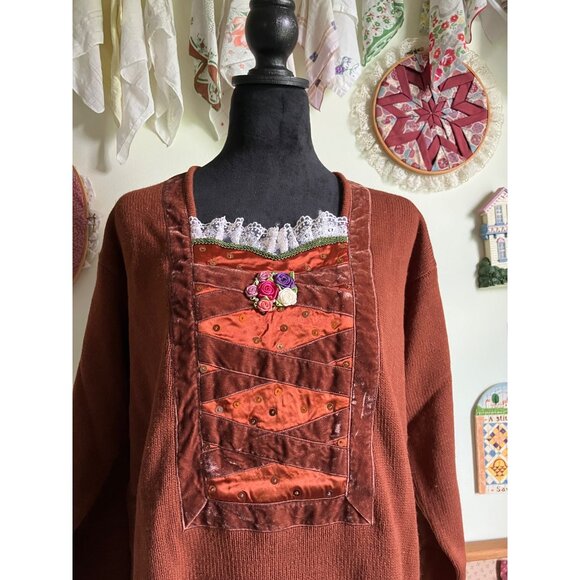 80's vintage Lacy After Noon brown ren faire style cottagecore embroidered sweat - Picture 3 of 6